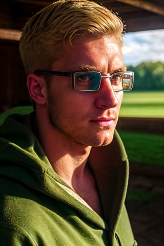 Abel, solo, Attack on Titan, uniform of the Scout Regiment, green cloak, blond hair, brown eyes, goggles, thick-rimmed glasses with bands around head, light stubble on chin and cheekbones, (shaved philtrum, hairless philtrum:1.3), fit body, handsome, charming, alluring, intense gaze, gentle expression, soft expression, (standing), (upper body in frame), simple background, green plains, cloudy blue sky, perfect light, only1 image, perfect anatomy, perfect proportions, perfect perspective, 8k, HQ, (best quality:1.5, hyperrealistic:1.5, photorealistic:1.4, madly detailed CG unity 8k wallpaper:1.5, masterpiece:1.3, madly detailed photo:1.2), (hyper-realistic lifelike texture:1.4, realistic eyes:1.2), picture-perfect face, perfect eye pupil, detailed eyes, realistic, HD, UHD, (front view:1.2), portrait, looking outside frame,(MkmCut)