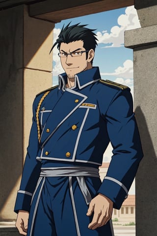 1boy, solo, Maes Hughes, Fullmetal Alchemist, anime,  2D, tall, lean, black hair, jovially spiky hair, brown eyes, rectangular spectacles framed, 29 years old, mature, blue military uniform, manly, masculine, handsome, charming, alluring, office, (standing), (upper body in frame), perfect light, perfect anatomy, perfect proportions, perfect perspective, 8k, HQ,  (best quality:1.2, masterpiece:1.2, madly detailed), perfect face, (portrait), looking_at_viewer, outdoor, sky