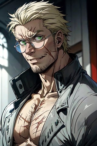 solo male, Alexander Anderson, Hellsing, Catholic priest, short silver-blond hair, green eyes, tanned skin, defined squared jaw, light facial hair, wedge-shaped scar on left cheek, round glasses, (topless. bare chest, bare belly), (grey coat, open coat:1.2), (bare neck:1.3), mature, middle-aged, imposing, tall, handsome, charming, alluring, slight smile, calm, kindly, affableㄝ(portrait, close-up, face focus), face only, perfect anatomy, perfect proportions, best quality, masterpiece, high_resolution, dutch angle, photo background, Vatican City, indoor