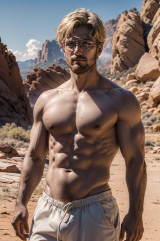 Zeke Yeager, blonde hair, grey-blue eyes, glasses, beard, fit body, (topless), nude, (perfect male body, muscular), abs, hourglass body shape, mature, DILF, masculine, virile, charming, alluring, calm eyes, (standing), (upper body in frame), in very high sky, (red rock desert in background distant, vast steamy smoke on the ground in far horizon), perfect light, only1 image, perfect anatomy, perfect proportions, perfect perspective, 8k, HQ, (best quality:1.5, hyperrealistic:1.5, photorealistic:1.4, madly detailed CG unity 8k wallpaper:1.5, masterpiece:1.3, madly detailed photo:1.2), (hyper-realistic lifelike texture:1.4, realistic eyes:1.2), picture-perfect face, perfect eye pupil, detailed eyes, realistic, HD, UHD, (front view:1.2), look at viewer, Vline, (sweaty, shiny skin), Portrait, (bare groin, bare abdomen, bare pubic:1.2)