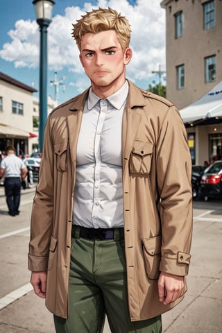 solo male, Reiner Braun, blond hair, short hair, facial hair, stubble, hazel eyes, thin eyebows, tall, fit, masculine, (pure white collared shirt:1.3), light-brown trench coat, (open coat:1.2), military dark green pants, black combat boots,  handsome, charming, alluring, standing, upper body, perfect anatomy, perfect proportions, best quality, masterpiece, high_resolution, dutch angle, cowboy shot, photo background, score_9_up, historical europe ciry