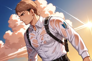 score_9, score_8_up, score_7_up, score_6_up, perfect anatomy, perfect proportions, best quality, masterpiece, high_resolution, high quality, aesthetic, absurdres, (male focus), solo male, Jean Kirstein, brown hair, light-brown eyes, thin eyebrows, facial hair, stubble, sanpaku, constricted pupils, white collared shirt, long sleeves, black pants, three-dimensional maneuver gear, black combat boots, (sweaty, wet hair, wet clothing), exhausted, bruise, heavy breathing, serious, intense eyes, adult, mature, masculine, manly, handsome, charming, alluring, (flying, backflip), upper body, dutch angle, cowboy shot, blue sky, day, cloud, (dynamic), cinematic, science fiction, high altitude, fighting stance, emphasis lines, lens flare