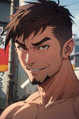 (1 image only), solo male, Jay Chiang, Asian, Taiwanese, modern Taipei city, 2d, anime, flat, black hair, short hair, high fade, goatee, thick eyebrows, (brown eyes),  (topless, shirtless), (portrait, close-up), smile, mature, handsome, charming, alluring, portrait, perfect anatomy, perfect proportions, (best quality, masterpiece), (perfect eyes:1.2), high_resolution, dutch angle 