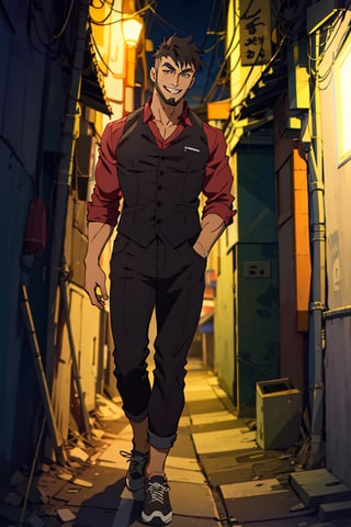 (1 image only), solo male, Jay Chiang, Great Pretender Razbliuto, Asian, Taiwanese, Taipei city, night alley, 2d, anime, flat, black hair, short hair, high fade, goatee, thick eyebrows, brown eyes, silver glasses, (pure red collared shirt, red sleeves rolled up), necktie, vest, , pants, shoes, smile, mature, handsome, charming, alluring, standing, upper body, perfect anatomy, perfect proportions, (best quality, masterpiece), (perfect eyes:1.2), perfect hands, high_resolution, dutch angle, cowboy shot