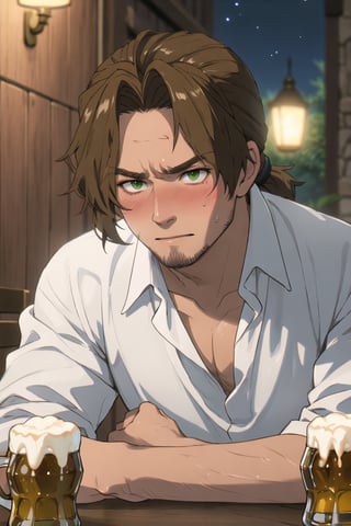 solo male, Sein \(Frieren: Beyond Journey's End\), priest, brown hair, low ponytail, parted bangs, thin hair, stubble, green eyes, (white collared shirt, open shirt), pecs, collarbone, (portrait, close-up, headshot), drunken, blush, sweatdrop, blush, awkward, embarrassed, sweaty shiny skin, handsome, charming, alluring, perfect anatomy, perfect proportions, best quality, masterpiece, high_resolution, dutch angle, photo background, indoor, table, old tavern, night, beer