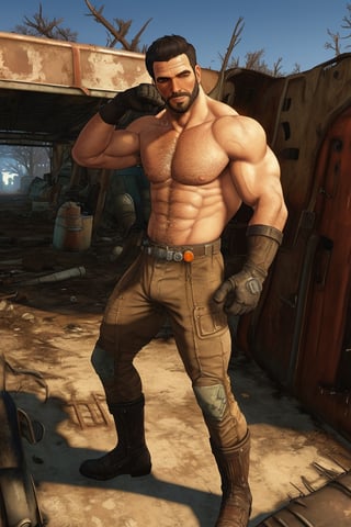 solo male, realistic, Paladin Danse, Fallout 4, short hair, warm black hair, light brown eyes, beard, (topless, shirtless, bare neck, bare shoulders, bare arms, bare chest, bare belly), orange-gray Brotherhood of Steel uniform, orange-gray bodysuit, gloves, boots, mature, handsome, charming, alluring, standing, upper body, perfect anatomy, perfect proportions, best quality, masterpiece, high_resolution, dutch angle, cowboy shot, photo background, ruined overhead interstate, Fallout 4 location, post-apocalyptic ruins, desolated landscape, dark blue sky