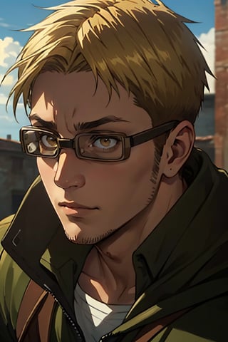 Abel, solo, Attack on Titan, uniform of the Scout Regiment, green cloak, blond hair, brown eyes, goggles, thick-rimmed glasses with bands around head, light stubble on chin and cheekbones, (shaved philtrum, hairless philtrum:1.3), fit body, handsome, charming, alluring, intense gaze, gentle expression, soft expression, (standing), (upper body in frame), simple background, green plains, cloudy blue sky, perfect light, only1 image, perfect anatomy, perfect proportions, perfect perspective, 8k, HQ, (best quality:1.5, hyperrealistic:1.5, photorealistic:1.4, madly detailed CG unity 8k wallpaper:1.5, masterpiece:1.3, madly detailed photo:1.2), (hyper-realistic lifelike texture:1.4, realistic eyes:1.2), picture-perfect face, perfect eye pupil, detailed eyes, realistic, HD, UHD, (front view:1.2), portrait, looking outside frame,(MkmCut)