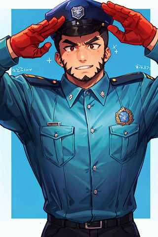 (1 image only), solo male, bara, Tajikarao, Tokyo Afterschool Summoners, Asain, Japanese, dark hair, short hair, thick eyebrows, sideburns, facial hair, beard, fangs. Japanese police uniform, Japanese, police hat, aqua-color collared shirt, black pants, mature, handsome, charming, alluring, standing, upper body in frame, perfect anatomy, perfect proportions, 2d, anime, (best quality, masterpiece), (perfect eyes, perfect eye pupil), high_resolution, dutch angle, Tokyo city street, better_hands, salute, red hands, Shide 
,perfecteyes, black eyes