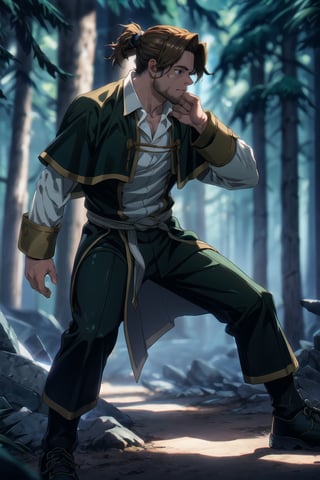 solo male, Sein \(Frieren: Beyond Journey's End\), priest, brown hair, low ponytail, parted bangs, thin hair, stubble, green eyes, white collared shirt, (shirt white hems, untucked shirt:1.3), dark coat with a golden accent, dark capelet, dark sleeves, black pants, black footwear. open coat, mature, handsome, charming, alluring, serious, intense eyes, fighting stance, light beam, (night, dark) holding a book, magic, glowing, perfect anatomy, perfect proportions, best quality, masterpiece, high_resolution, dutch angle, cowboy shot, photo background, forest, Balance and coordination between all things), real light and shadow, perspective, composition, adventurous, energy, exploration, contrast, experimental, unique, cinematic, atmospheric, epic, ultrarealsitc