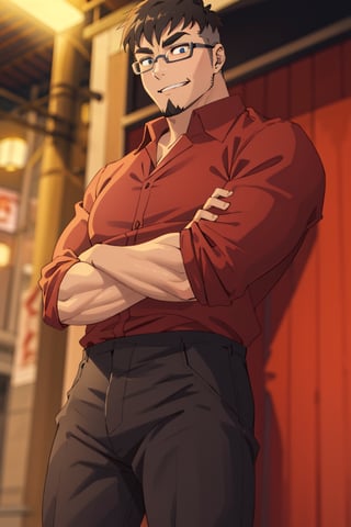 (1 image only), solo male, Jay Chiang, Great Pretender Razbliuto, Asian, Taiwanese, modern Taipei city, 2d, anime, flat, black hair, short hair, high fade, goatee, thick eyebrows, brown eyes, silver glasses, (pure red collared shirt, red sleeves rolled up:1.2) black pants, socks, leather shoes, smile, crossed arms, mature, handsome, charming, alluring, standing, upper body, perfect anatomy, perfect proportions, (best quality, masterpiece), (perfect eyes:1.2), perfect hands, high_resolution, dutch angle, cowboy shot, 