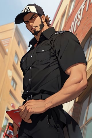 solo male, Memory T Cell\(Cells at Work\), tan skin, brown hair, brown eyes, facial hair, goatee, sideburns, black uniform, black collared shirt, black pants, black cap, boots, mature, handsome, charming, alluring, fit, silm, slender, standing, upper body, perfect anatomy, perfect proportions, best quality, masterpiece, high_resolution, dutch angle, cowboy shot, photo background
