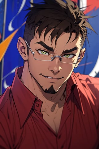 (1 image only), solo male, Jay Chiang, Asian, Taiwanese, modern Taipei city, 2d, anime, flat, black hair, short hair, high fade, goatee, thick eyebrows, brown eyes, silver glasses, (pure red collared shirt, red sleeves rolled up:1.2), (portrait, close-up), smile, mature, handsome, charming, alluring, portrait, perfect anatomy, perfect proportions, (best quality, masterpiece), (perfect eyes:1.2), high_resolution, dutch angle 