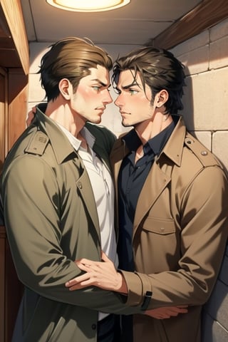 couple, ((2people)), first man giver(Eren Jaeger, black hair, stubble, grey-green eyes), second mature man receiver(reiner braun, blond hair, stubble, hazel eyes, chiseled jaw), ((uniform, white collared shirt, opem brown trench coat)), short hair, stubble, dilf, different hair style, different hair color, different face, makeout, eye contact, gay, homo, skight shy, charming, alluring, seductive, highly detailed face, detailed eyes, perfect light, 1910s military basement, retro, oil lamp light, (best quality), (8k), (masterpiece), best quality, 1 image, rugged, manly, hunk, perfect anatomy, perfect proportions, perfect perspective, hug,Eren Jaeger 