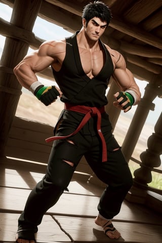 solo male, Grappler, Dungeon Fighter Online, black hair, short hair, brown eyes, thick eyebrows, forked eyebrows, stubble, green eyes, scars on face, scar on cheek, scar on chest, pectorals, pectoral cleavage, rn black dougi, black pants, red martial arts belt, yellow fingerless gloves, barefoot, bandaged hand, toned male, mature, masculine, hunk, handsome, charming, alluring, blush, shy, serious, fighting stance, upper body, perfect anatomy, perfect proportions, ((perfect eyes, perfect, parfect fingers)), best quality, masterpiece, high_resolution, dutch angle, cowboy shot, photo background, (looking outside)