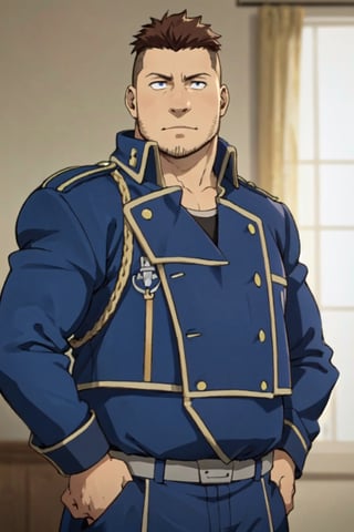 (1 image only), solo male, 1boy, Heymans Breda, Fullmetal Alchemist, anime, 2D, blue eyes, brown hair, short hair, high fade, stubble, handsome, (chubby), open (pure blue military uniform, blue 
 coat), confidence, charming, alluring, upper body in frame, perfect anatomy, perfect proportions, 8k, HQ, (best quality:1.2, hyperrealistic:1.2, photorealistic:1.2, masterpiece:1.3, madly detailed photo:1.2), (hyper-realistic lifelike texture:1.2, realistic eyes:1.2), high_resolution, perfect eye pupil, dutch angle,best quality, (long sleeves)