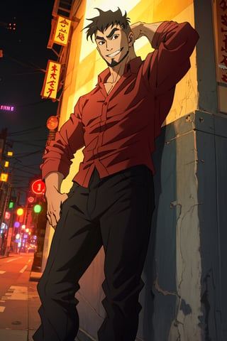 (1 image only), solo male, Jay Chiang, Great Pretender Razbliuto, Asian, Taiwanese, modern Taipei city, night cityscape, Taipei 101, 2d, anime, flat, black hair, short hair, high fade, goatee, thick eyebrows, (brown eyes), (pure red collared shirt, red sleeves rolled up:1.2) black pants, socks, leather shoes, smile, 1 hand behind head, mature, handsome, charming, alluring, standing, upper body, perfect anatomy, perfect proportions, (best quality, masterpiece), (perfect eyes:1.2), perfect hands, high_resolution, dutch angle, cowboy shot, 