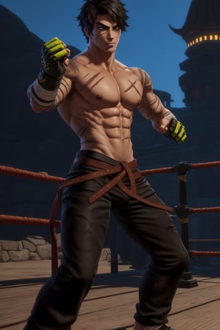 solo male, Grappler, Dungeon Fighter Online, black hair, short hair, brown eyes, thick eyebrows, forked eyebrows, stubble, green eyes, scars on face, scar on cheek, scar on chest, pectorals, pectoral cleavage, rn black dougi, black pants, red martial arts belt, yellow fingerless gloves, barefoot, bandaged hand, toned male, mature, handsome, charming, alluring, serious, fighting stance, upper body, perfect anatomy, perfect proportions, (perfect eyes), best quality, masterpiece, high_resolution, dutch angle, cowboy shot, photo background