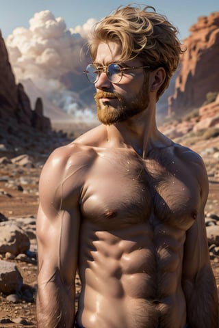 Zeke Yeager, blonde hair, grey-blue eyes, glasses, beard, fit body, (topless), nude, (perfect male body, muscular), hairy body, abs, hourglass body shape, mature, DILF, masculine, virile, charming, alluring, calm eyes, (standing), (upper body in frame), in very high sky, (red rock desert in background distant, vast steamy smoke on the ground in far horizon), perfect light, only1 image, perfect anatomy, perfect proportions, perfect perspective, 8k, HQ, (best quality:1.5, hyperrealistic:1.5, photorealistic:1.4, madly detailed CG unity 8k wallpaper:1.5, masterpiece:1.3, madly detailed photo:1.2), (hyper-realistic lifelike texture:1.4, realistic eyes:1.2), picture-perfect face, perfect eye pupil, detailed eyes, realistic, HD, UHD, (front view:1.2), look at viewer, Vline, scruffy, (sweaty, shiny skin), Portrait, bare groin, bare abdomen