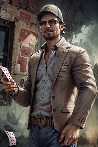 1boy, solo, Ace Visconti, Dead By Dayligh, Argentinian of Italian descent, gambler, grey-streaked hair, facial hair, sunglasses, (cap), damask print shirt, classic jacket, jeans, mature, manly, masculine, handsome, charming, alluring, dashing, smirk, (standing), (upper body in frame), dark background, fog, dark atmosphere, cinematic light, perfect anatomy, perfect proportions, perfect perspective, 8k, HQ, (best quality:1.5, hyperrealistic:1.5, photorealistic:1.4, madly detailed CG unity 8k wallpaper:1.5, masterpiece:1.3, madly detailed photo:1.2), (hyper-realistic lifelike texture:1.4, realistic eyes:1.2), picture-perfect face, perfect eye pupil, detailed eyes, realistic, HD, UHD, portrait, looking outside frame, side view, dynamic, cinematic , floating poker cards