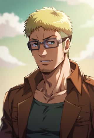 score_9, score_8_up, score_7_up, score_6_up, source_anime\(Attack on Titan\), perfect anatomy, perfect proportions, best quality, masterpiece, high_resolution, high quality, aesthetic, absurdres, (male focus), solo male, Abel, ((blond hair)), short hair, (long sideburns, thick facial hair, beard, chinstrap stubble, jawline stubble), paradis military uniform \(Attack on Titan\), (open tan color cropped jacket, olive green undershirt), (wearing glasses, thick-rimmed giggles with bands around head, eyes behind goggles), adult, mature, masculine, manly, handsome, charming, alluring, (portrait, headshot), upper body, dutch angle