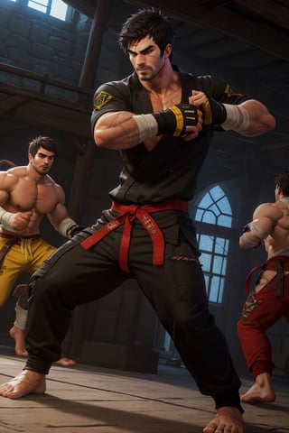 solo male, Grappler, Dungeon Fighter Online, black hair, short hair, brown eyes, thick eyebrows, forked eyebrows, stubble, green eyes, scars on face, scar on cheek, scar on chest, pectorals, pectoral cleavage, rn black dougi, black pants, red martial arts belt, yellow fingerless gloves, barefoot, bandaged hand, toned male, mature, handsome, charming, alluring, serious, fighting stance, upper body, perfect anatomy, perfect proportions, (perfect eyes), best quality, masterpiece, high_resolution, dutch angle, cowboy shot, photo background