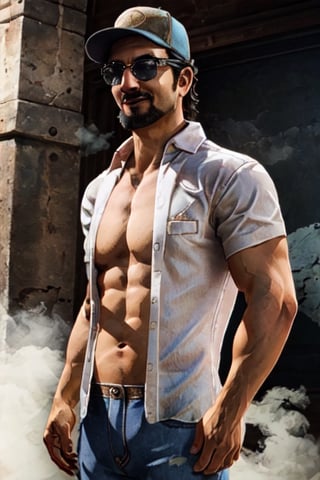 1boy, solo, Ace Visconti, Dead By Dayligh, Argentinian of Italian descent, gambler, grey-streaked hair, facial hair, sunglasses, (cap), damask print shirt, (open shirt), bare chest jeans, mature, manly, masculine, handsome, charming, alluring, dashing, smirk, (standing), (upper body in frame), dark background, fog, dark atmosphere, cinematic light, perfect anatomy, perfect proportions, perfect perspective, 8k, HQ, (best quality:1.5, hyperrealistic:1.5, photorealistic:1.4, madly detailed CG unity 8k wallpaper:1.5, masterpiece:1.3, madly detailed photo:1.2), (hyper-realistic lifelike texture:1.4, realistic eyes:1.2), picture-perfect face, perfect eye pupil, detailed eyes, realistic, HD, UHD, portrait, looking outside frame, side view,best quality