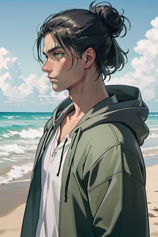 erenad(black hair,:1.2),hair bun, (grey-green eyes:1.4), fit body, shirt, ( jacket, long sleeves, open clothes, hood, hood down), collarbone, charming, alluring, dejected, depressed, sad, (standing), (upper body in frame), simple background(beach, sunny day, endless ocean, mid day), backlight, cloudy blue sky, perfect light, only 1 image, perfect anatomy, perfect proportions, perfect perspective, 8k, HQ, (best quality:1.5, hyperrealistic:1.5, photorealistic:1.4, madly detailed CG unity 8k wallpaper:1.5, masterpiece:1.3, madly detailed photo:1.2), (hyper-realistic lifelike texture:1.4, realistic eyes:1.2), picture-perfect face, detailed eyes, realistic, HD, UHD, front view, tear in eyes ,Eren Jaeger 