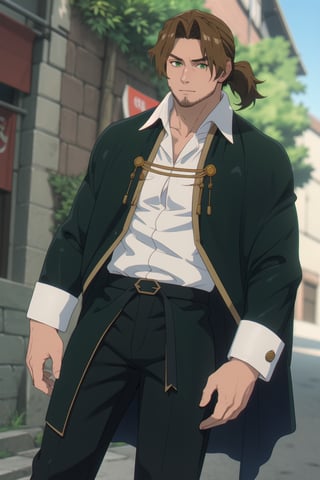 solo male, Sein \(Frieren: Beyond Journey's End\), priest, brown hair, low ponytail, parted bangs, thin hair, stubble, green eyes, white collared shirt, (shirt white hems, untucked shirt:1.3), dark coat with a golden accent, dark capelet, dark sleeves, black pants, black footwear. open coat, mature, handsome, charming, alluring, standing, upper body, perfect anatomy, perfect proportions, best quality, masterpiece, high_resolution, dutch angle, cowboy shot, photo background,Sein