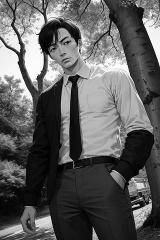 (1 image only), solo male, Agawa Daigo, Gannibal, Asian ,Japanese, black hair, short hair, thin stubble, black eyes, policeman, white collared shirt, dark blue necktie, black jacket, long sleeves, buttoned up jacket, dark blue pants, black shoes , mature, handsome, charming, alluring, perfect anatomy, perfect proportions, (best quality, masterpiece), (perfect eyes), perfect hands, high_resolution, dutch angle, cowboy shot, rural .pastoral, forest, creep, suspense, horror, manga, greyscale, monochrome, best quality