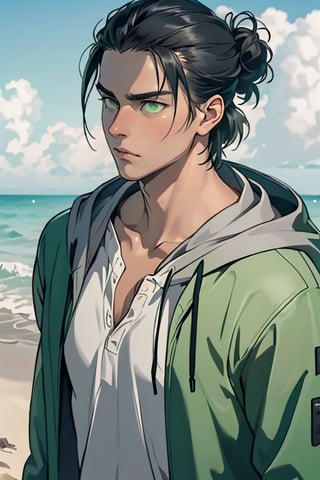 erenad(black hair,:1.2), hair bun, (grey-green eyes:1.4), fit body, shirt, ( jacket, long sleeves, open clothes, hood, hood down), collarbone, charming, alluring, dejected, depressed, sad, (standing), (upper body in frame), simple background(beach, sunny day, endless ocean, mid day), backlight, cloudy blue sky, perfect light, only 1 image, perfect anatomy, perfect proportions, perfect perspective, 8k, HQ, (best quality:1.5, hyperrealistic:1.5, photorealistic:1.4, madly detailed CG unity 8k wallpaper:1.5, masterpiece:1.3, madly detailed photo:1.2), (hyper-realistic lifelike texture:1.4, realistic eyes:1.2), picture-perfect face, detailed eyes, realistic, HD, UHD, front view, tear in eyes, Eren Jaeger, symmetry