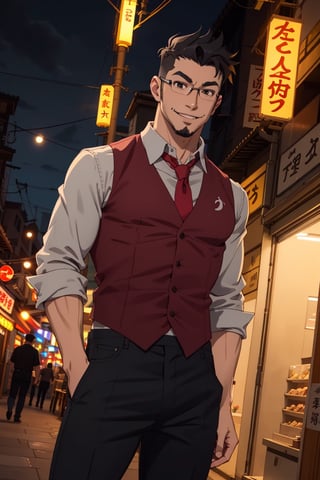 (1 image only), solo male, Jay Chiang, Great Pretender Razbliuto, Asian, Taiwanese, Taipei city, night alley, 2d, anime, flat, black hair, short hair, high fade, goatee, thick eyebrows, brown eyes, silver glasses, (red collared shirt:1.4), (silver necktie, black vest), red sleeves, sleeves rolled up, black pants, black shoes, smile, mature, handsome, charming, alluring, standing, upper body, perfect anatomy, perfect proportions, (best quality, masterpiece), (perfect eyes:1.2), perfect hands, high_resolution, dutch angle, cowboy shot