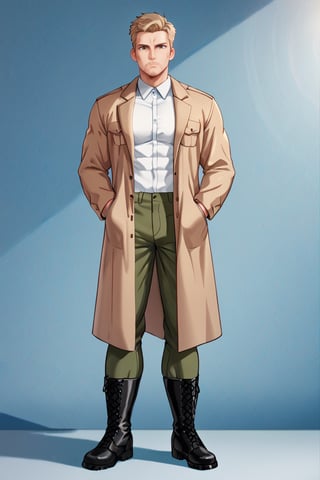 solo male, Reiner Braun, blond hair, short hair, facial hair, stubble, hazel eyes, thin eyebows, tall, fit, masculine, (pure white collared shirt:1.3), light-brown trench coat, (open coat:1.2), military dark green pants, black combat boots,  handsome, charming, alluring, standing, upper body, perfect anatomy, perfect proportions, best quality, masterpiece, high_resolution, dutch angle, cowboy shot, photo background, score_9_up