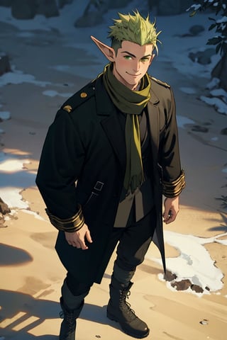 solo male, Kraft\(Frieren: Beyond Journey's End\), elf, masculine, manly, smile, (olive green hair), short hair, undercut, multicolored hair, green eyes, pointed ears, BREAK (above-knee-length-coat, black coat with yellow-cuff-trim:1.4), button up coat, (wide black pants), (cream-colored-clergy-stole\(scarf\):1.2), white puttee, shoes, necklace, mature, handsome, charming, alluring, standing, upper body, perfect anatomy, perfect proportions, best quality, masterpiece, high_resolution, dutch angle, cowboy shot, photo background