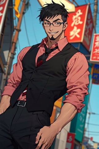 (1 image only), solo male, Jay Chiang, Great Pretender Razbliuto, Asian, Taiwanese, Taipei, 2d, anime, flat, black hair, short hair, goatee, thick eyebrows, brown eyes, glasses, (red collared shirt, grey necktie, black vest), red sleeves, sleeves rolled up, black pants, black shoes, grin, mature, handsome, charming, alluring, standing, upper body, perfect anatomy, perfect proportions, (best quality, masterpiece), (perfect eyes:1.2), perfect hands, high_resolution, dutch angle, cowboy shot