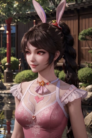 8K , 10 years old, 1girl, masterpiece, best quality, highly detailed, sharp focus, dynamic lighting, texture detail, particle effects, full body, Full Length Shot, black hair, red hair accessories, white Gorgeous dress , dynamic pose,  bunny ears  , royal red pupils, red ribbon bow, ponytail , lace, Ultra-long braid hair ,  Realistic, smile , The body is surrounded by a colorful aura ,  Chinese-style garden , sitting 

photorealistic , perfect , hand , fingers , 