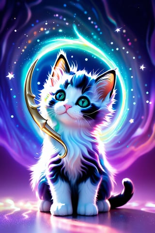 A whimsical unicorn kitten, bathed in an ethereal glow, stands poised against a swirling vortex of pastel hues and stardust. Its vibrant fur, shimmering in shades of pink, blue, purple, and green, catches the light as its expressive eyes sparkle with playful intent. The delicate horn casts an iridescent sheen, while tiny wings sprout from its back, radiating otherworldly luminescence. A miniature scythe rests in one paw, amidst a halo of glowing orbs that dance around the kitten, illuminating its reaper costume adorned with intricate galaxy patterns and twinkling stars. The air is filled with mystery and enchantment, as if this mystical creature holds the key to a hidden realm of whimsy and delight.