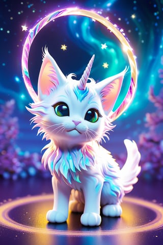 A whimsical unicorn kitten, bathed in an ethereal glow, stands poised against a swirling vortex of pastel hues and stardust. Its vibrant fur, shimmering in shades of pink, blue, purple, and green, catches the light as its expressive eyes sparkle with playful intent. The delicate horn casts an iridescent sheen, while tiny wings sprout from its back, radiating otherworldly luminescence. A miniature scythe rests in one paw, amidst a halo of glowing orbs that dance around the kitten, illuminating its reaper costume adorned with intricate galaxy patterns and twinkling stars. The air is filled with mystery and enchantment, as if this mystical creature holds the key to a hidden realm of whimsy and delight.