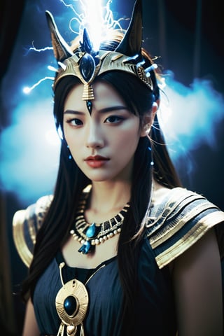 Close-up shot of Anubis' pure face. The Egyptian goddess of Death, with pale skin and freckles, sports a HR Giger-inspired linen armored hanfu and an ornate crown that glows with a translucent blueish gemstone emitting electrical sparks and lightning flashes. Dark background shrouds the scene in mystery. Atmospheric haze and film grain add texture, while shallow depth of field creates intimacy. The image is highly detailed, cinematic, and moody, like a 2000s vintage RAW photo. Eye-catching highlights and atmospheric lighting create an otherworldly ambiance.,bohoai hinaigirl