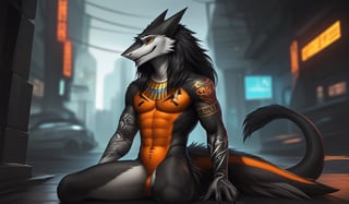 egyptian, (male:1.6), sergal, (sergal:1.2), (black body, orange belly:1.5), (tattoo on his body:1.2), long hair, orange eyes, (lean body:1.3), tail, realistic fur, (detailed fur texture), cyberpunk 2077, alone, lean beard, a long beard, full_body