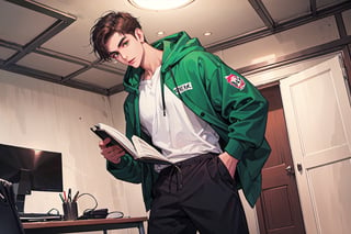 This 18-year-old young man has deep brown hair styled in a medium-short cut. His facial features exhibit typical Asian characteristics, including moderately thick eyebrows and deep black eyes. Standing at a height of 187 centimeters, he displays a physique with pronounced muscular definition. He is dressed in a greenHoodie, paired with black cotton pants, study,

In his living environment, there is a white wardrobe, green walls, and a white desk. These elements are meticulously coordinated in a Muted color palette, creating a thoughtfully designed space. This background not only highlights his personality and taste but also cultivates a modern and inviting atmosphere.,hackedtech