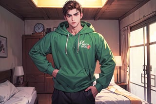 This 18-year-old young man has deep brown hair styled in a medium-short cut. His facial features exhibit typical Asian characteristics, including moderately thick eyebrows and deep black eyes. Standing at a height of 187 centimeters, he displays a physique with pronounced muscular definition. He is dressed in a green Hoodie, paired with black cotton pants, bedroom, big_muscle,greenthunde