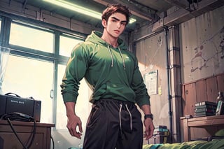 This 18-year-old young man has deep brown hair styled in a medium-short cut. His facial features exhibit typical Asian characteristics, including moderately thick eyebrows and deep black eyes. Standing at a height of 187 centimeters, he displays a physique with pronounced muscular definition. He is dressed in a green Hoodie, paired with black cotton pants, bedroom, big_muscle,edrinktech