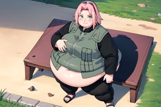 masterpiece, best quality, (self review: 1.5), fat haruno sakura, pink hair, blushing, fat belly, obese girl, gigantic belly, fat ass, sakura warshippuden, woman, masterpiece, best quality, absurdres, standing ,  pale skin,  smile, sadism,  frown, bandaged leg,  black pants, long sleeve, green eyes, green vest, black long sleeves, bangs,  forehead protector, shinobi symbol, forehead mark,  looking at viewer, from above,  outdoors, blue sky, sun,Sakura Haruno