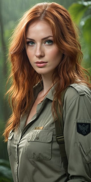 ultra photorealistic, photorealism, shot of a sexy beautiful woman, long hair, redhead, (beautiful eyes) , hazy mood, cinematic dramatic lighting, (jungle background), sharp focus, (perfect real extremely details), amazing fine detail, hyper realistic lifelike texture, dramatic lighting, raining, full_figure, safari clothing, army boots, 