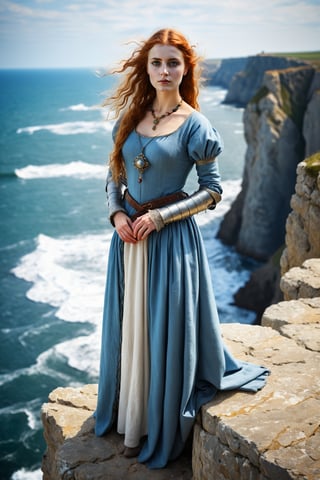 young medieval woman in medieval clothing standing on the edge of a cliff overlooking the rough sea. Realistic, dramatic, ancient jewelry, 