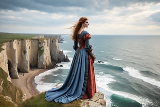 young medieval woman in medieval clothing standing on the edge of a cliff overlooking the rough sea. Realistic, dramatic, ancient jewelry, 