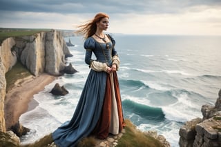 young medieval woman in medieval clothing standing on the edge of a cliff overlooking the rough sea. Realistic, dramatic, ancient jewelry, 