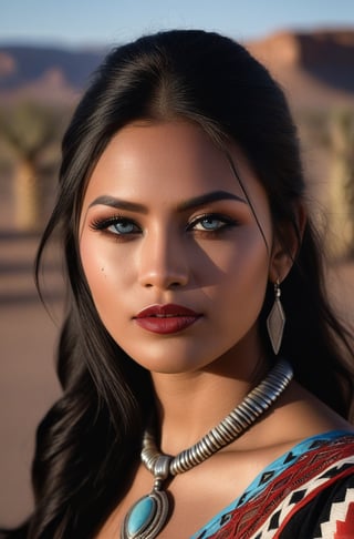 (((hyper realistic face)))(((extreme realistic skin detail))) (face with detailed shadows) (masterpiece, highest quality), (realistic, photo_realistic:1.9), ((Photoshoot)) An incredibly beautiful 22-year-old navajo woman, very lovely, with blue eyes, long dark hair, subtle makeup, black eyeliner, and dark red lipstick. She is positioned in the desert. The chosen perspective is a Wide Shot (WS), capturing the entire desert. The camera used is a Canon EOS 5D Mark IV. The selected film is Fujifilm Superia X-Tra 400, providing vivid colors and good performance in various lighting conditions. The lens used is a Sigma 35mm f/1.4 DG HSM Art, offering a wide aperture for capturing details with a beautiful bokeh. The preferred lighting is soft natural light from the desert, creating gentle shadows and enhancing details. sharp focus, 8k, UHD, high quality, frowning, intricate detailed, highly detailed, hyper-realistic.
,photo r3al