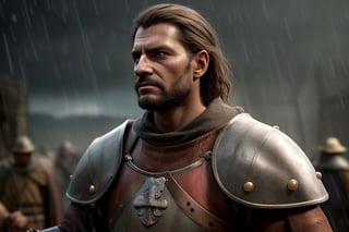 rain, medieval, knight, realistic,mature