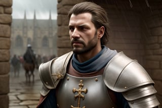 rain, medieval, knight, realistic,mature